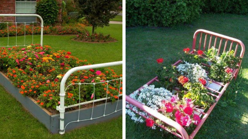 un parterre de fleurs d'un vieux lit