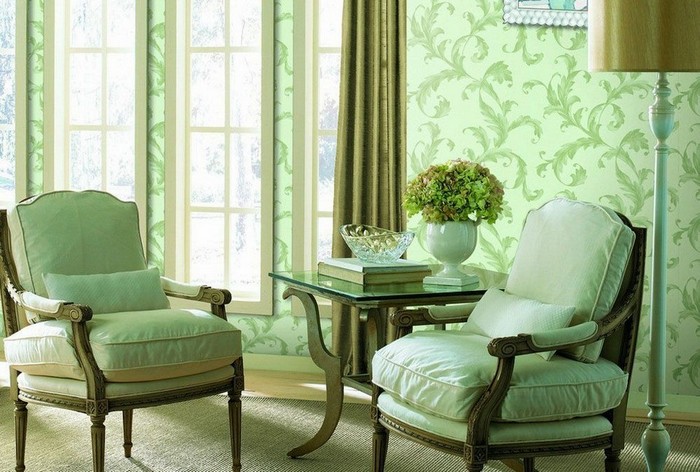 Design interiéru obývacího pokoje v odstínech zelené