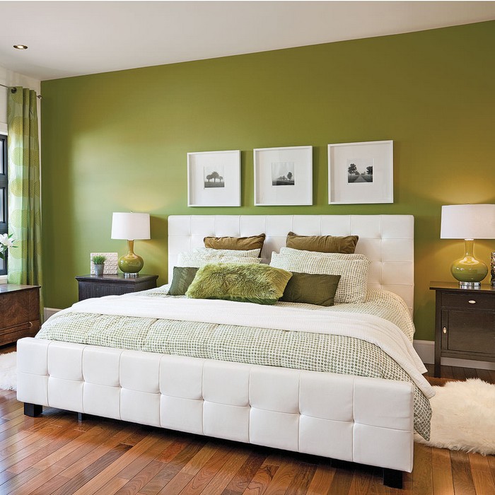Design interiéru ložnice v odstínech zelené